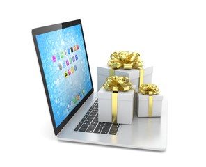 Gift box with ribbon bow on laptop keyboard. 3d rendering.