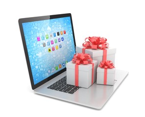 Gift box with ribbon bow on laptop keyboard. 3d rendering.