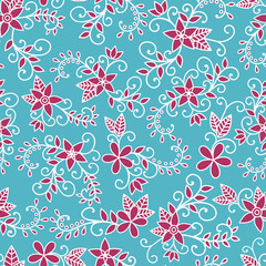Vintage seamless floral pattern. Flowers, swirls, leaves on a blue background. Vector