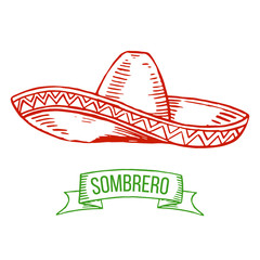 Hand drawing sombrero isolated on white background. Symbol of Mexican, national costume. Vector.