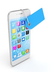 White smart phone with blue price tag on white background. Identification, price, label. 3D rendering.