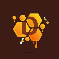 Letter D logo in Honeycomb with flowing honey.