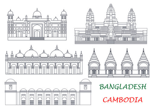 Travel landmarks of Cambodia and Bangladesh icons