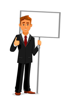 Businessman with an empty sign board and thumb up