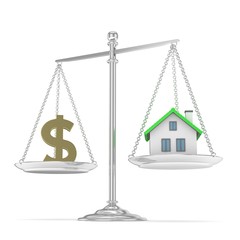 Isolated silver scales with golden dollar and house on white background. Investment or savings concept. Real estate and currency. 3D rendering.