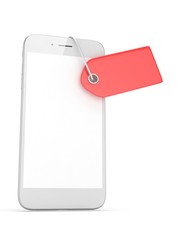 White smart phone with red price tag on white background. Identification, price, label. 3D rendering.