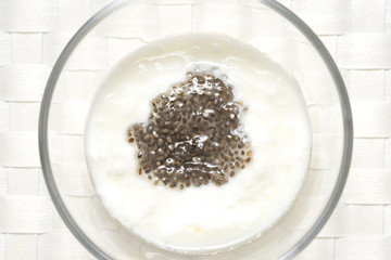 Soaked chia seeds with yogurt on white background