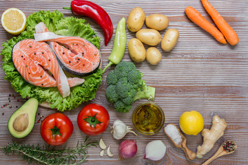 Salmon fillets and summer vegetable ingredients.