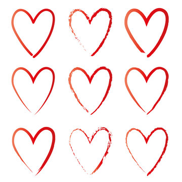 Set von 9 roten Herzen als Umriß, Linie,  Kohlestrich, Grafisches Element
