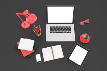 Responsive mockup screens. Laptop, tablet, phone on table. 3d rendering.