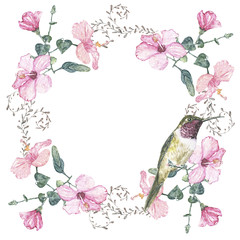 Hibiscus wreath with bird/a wreath of hibiscus flowers with bird, watercolor painting - 114436752