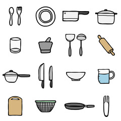 kitchen objects or icons set/ cartoon vector and illustration, hand drawn style, isolated on white background.