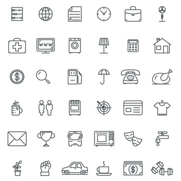 Linear icons. Thin icon and signs, outline symbol pictograms