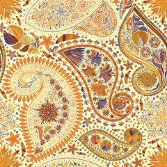 Paisley vintage floral motif ethnic seamless background. Printable colors abstract lace pattern. Editable colors without losing seamlessly. Hand drawing motley wallpaper. EPS-8 vector buta texture
