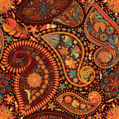 Paisley vintage floral motif ethnic seamless background. Printable colors abstract lace pattern. Editable colors without losing seamlessly. Hand drawing motley wallpaper. EPS-8 vector buta texture

