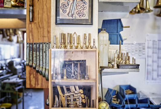Assortment of mouthpieces in a workshop of an instrument maker