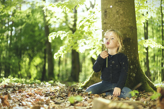 Girl in forest blowing blowball