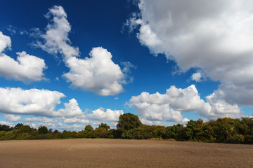 Fototapeta na wymiar Blue cloudy sky over plowed field