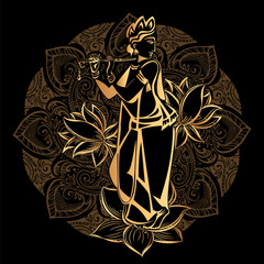 Krishna Janmashtami - Hindu festival. Hare Krishnas. Golden Krishna playing a flute on a black background and the mandala background © yuliana_s