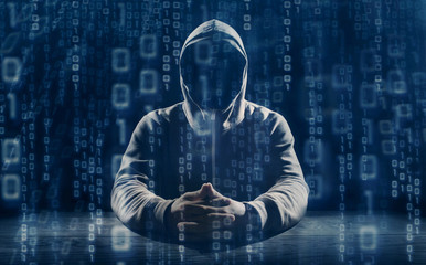 hacker at work with graphic user interface around