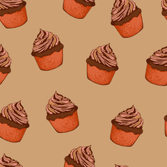 Multicolor seamless pattern with creamy cupcakes on beige background. Cartoon sketch drawn by ink. Hand drawn vector illustration.