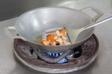 Street food,Grilled sausages on pan