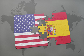 puzzle with the national flag of united states of america and spain on a world map background