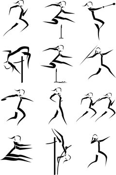 Stylized Silhouettes Of A Female Athlete For Each Event In Track And Field.