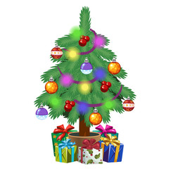 Christmas tree in pot with gifts. Holiday symbol