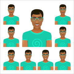 Hansome young man face in glasses with nine different facial expressions. Vector cartoon avatar icon set on white background.