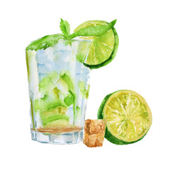 cocktail with fruit and mint. isolated. watercolor illustration