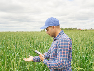 Farmer in plaid shirt controlled his field  looking at tablet