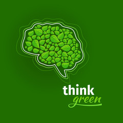 Think green logo. Brain costisting of green leaves and speech bubble logo. Abstract vector eco sign isolated on dark green background.