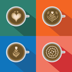 Coffee Latte art pattern set, Tulip, layered hearts, following hearts with long shadow on colorful background 