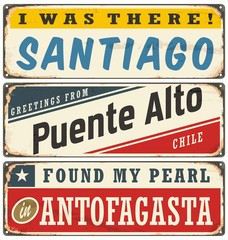 Vintage metal signs collection with Chile cities