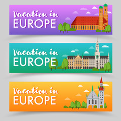 Vacation in Europe vector banner set. Flat design illustration - vacation in Europe with landmark, trees, church. Travel around Europe