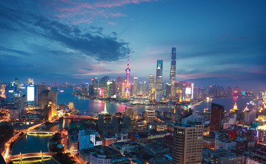 Fototapeta premium Aerial photography at Shanghai bund Skyline of dusk