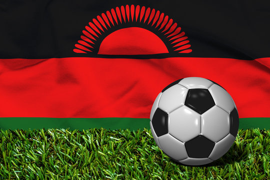 Soccer Ball on Grass with Malawi Flag Background, 3D Rendering