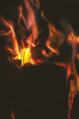 Hot flames shooting out a burning split tree trunk