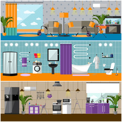 Vector set of house interior banners. Apartment with furniture, living room, bathroom, kitchen