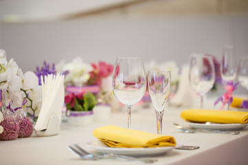 Table set for wedding or another catered event dinner.