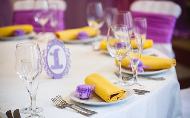 Table set for wedding or another catered event dinner.