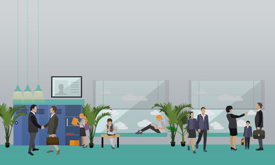 School concept vector banner. Interior, pupils studying in classroom, teachers