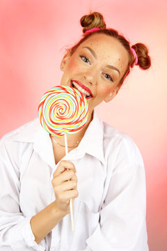 cute girl with big candy, sweet sugar, candy concept. Poster commercial ready