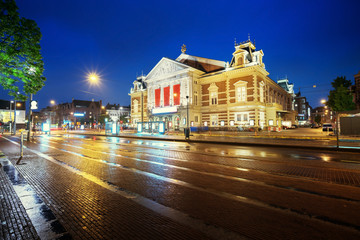 Naklejka premium Concert building in Amsterdam at night, Netherlands
