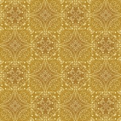 Low contrasting vintage ornament, light yellow drawing on golden background. Repeating filigree geometric patterns in victorian style