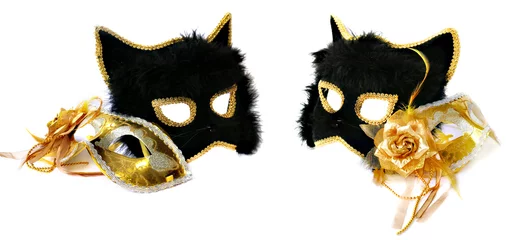 Fotobehang Masks Golden with the flower of taffeta and fluffy black cat for © aarud