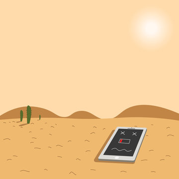 Smart Phone Cartoon Character Low Battery In Desert