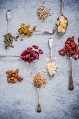 superfood on spoons background