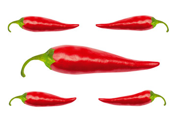 Red hot chili peppers with clipping path isolated on white. Red hot chili peppers with work path. Spicy chilli peppers.